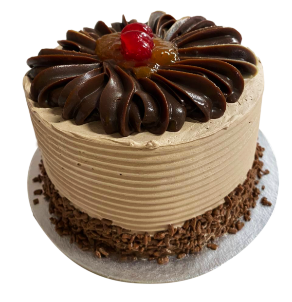 Imagem de uma torta de chocolate com cupuaçu, mostrando a rica decoração de chocolate e o recheio cremoso de cupuaçu. A torta é irresistível.