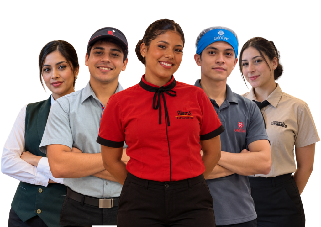 Cinco colaboradores do Grupo Alemã sorrindo, com os uniformes de diferentes marcas