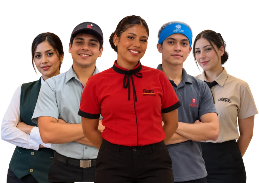 Cinco colaboradores do Grupo Alemã sorrindo, com os uniformes de diferentes marcas